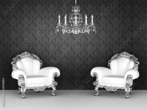 Illustration: Luxurious armchairs in baroque interior. Ornament wallpapers. Luxurious armchairs in baroque interior. Ornament wallpapers.