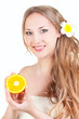 beautiful woman holding orange