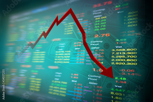 Illustration: falling dollar note and graph of stock market with stock board falling dollar note and graph of stock market with stock board