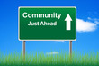 Community road sign on sky background, grass underneath.