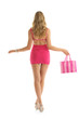 beautiful woman with rosy shopping bags