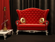Red sofa and hookah in interior. Drapery Red sofa and hookah in interior. Drapery