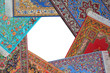Seven bright carpets lie on circle on  white background