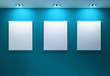 Gallery Interior with empty frames on aqua wall