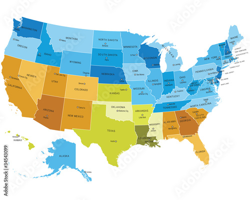 Vector: USA states map with names of cities USA states map with names of cities
