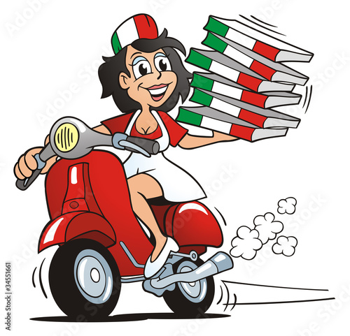 Illustration: Pizza Girl driving Scooter Pizza Girl driving Scooter