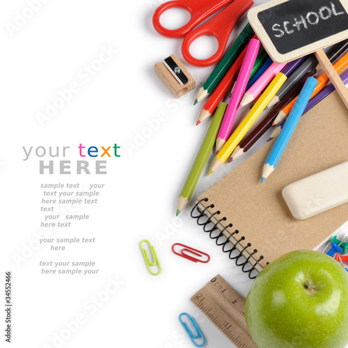 Photo: School stationery isolated over white with copyspace School stationery isolated over white with copyspace