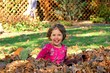 Young girl jumps into a pile of autumn leaves Young girl jumps into a pile of autumn leaves