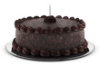 round chocolate cake with candle isolated on white background