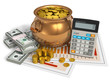 Financial concept: pot of gold, calculator and dollars