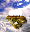 Advertising billboard on island floating in sky above and betwee