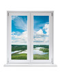White plastic double door window with view to tranquil landscape White plastic double door window with view to tranquil landscape