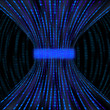 Flowing blue boxes representing binary code being constricted by