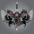 Fantasy design with gryphon, roses and sword