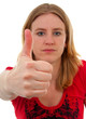 Young woman withs thumbs up over white background