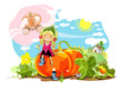 Funny girl sitting on big pumpkin, rural landscape.