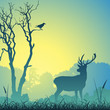 Male Stag Deer on a Meadow with Trees and Bird