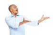 Joyous man showing something interesting towards copyspace