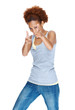 Silly young lady shooting you with finger guns Silly young lady shooting you with finger guns