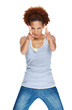 Young woman with finger guns shooting you Young woman with finger guns shooting you