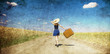 Lonely girl with suitcase at country road.