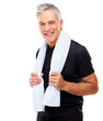 Mature guy holding a towel around her neck after exercising Mature guy holding a towel around her neck after exercising