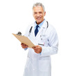Portrait of happy mature doctor with medical report