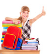 Child with stack of books and showing thumb up. Child with stack of books and showing thumb up.