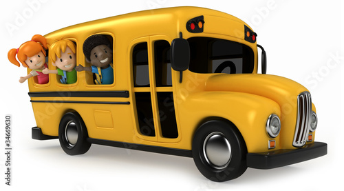 Illustration: 3D Render of Kids Riding School Bus 3D Render of Kids Riding School Bus