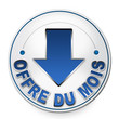 Badge "offre du mois" avec flèche bleue Badge "offre du mois" avec flèche bleue