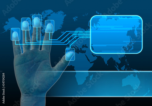 Illustration: businessman scanning of a finger on a touch screen interface businessman scanning of a finger on a touch screen interface