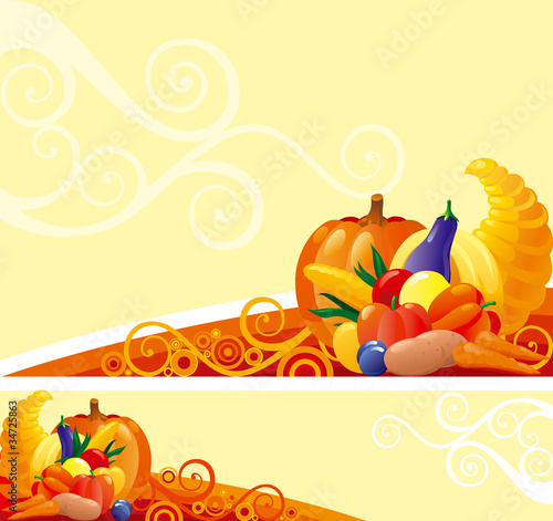 Vector: Backgrounds of Horn of Plenty with pumpkins and other vegetables Backgrounds of Horn of Plenty with pumpkins and other vegetables