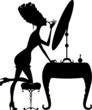 Silhouette of a girl with lipstick at the mirror