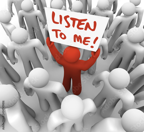 Illustration: Listen to Me Sign Person Tries to Get Attention in Crowd Listen to Me Sign Person Tries to Get Attention in Crowd