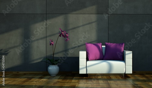 Photo: Wohndesign weisser Sessel vor Betonwand Wohndesign weisser Sessel vor Betonwand