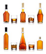 Set of brandy bottles isolated on white background