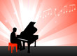 Vektor: Piano Musician on Red Background with Notes Piano Musician on Red Background with Notes