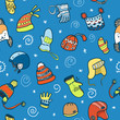 Hand drawn seamless pattern: caps, helmets, mittens for ski Hand drawn seamless pattern: caps, helmets, mittens for ski