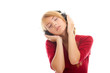 beautiful teenager in bright red blouse listening music beautiful teenager in bright red blouse listening music