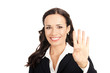 Businesswoman showing four fingers, on white Businesswoman showing four fingers, on white