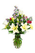 Colorful flower arrangement centerpiece in glass vase Colorful flower arrangement centerpiece in glass vase