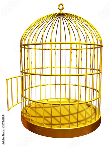 Illustration: goldener vogelkäfig mit offener Tür goldener vogelkäfig mit offener Tür