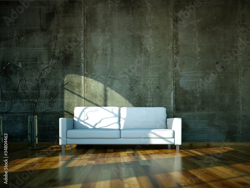 Illustration: Wohndesign - weisses Sofa vor Betonwand Wohndesign - weisses Sofa vor Betonwand