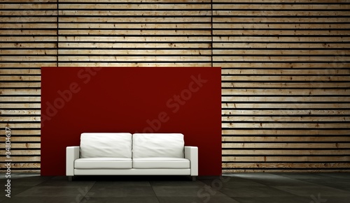 Illustration: Wohndesign - weisses Sofa vor Holzwand Wohndesign - weisses Sofa vor Holzwand