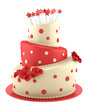 big round red and yellow cake isolated on white background