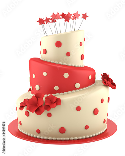 Illustration: big round red and yellow cake isolated on white background big round red and yellow cake isolated on white background