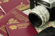 EU passports on a map with car key and camera