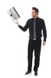 Young man balancing a laptop on his forefinger