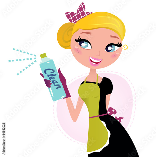 Vector: Housewife Ð french retro Maid with cleaning spray isolated on wh Housewife Ð french retro Maid with cleaning spray isolated on wh