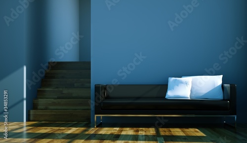Illustration: Wohndesign - schwarzes Sofa vor blauer Wand Wohndesign - schwarzes Sofa vor blauer Wand